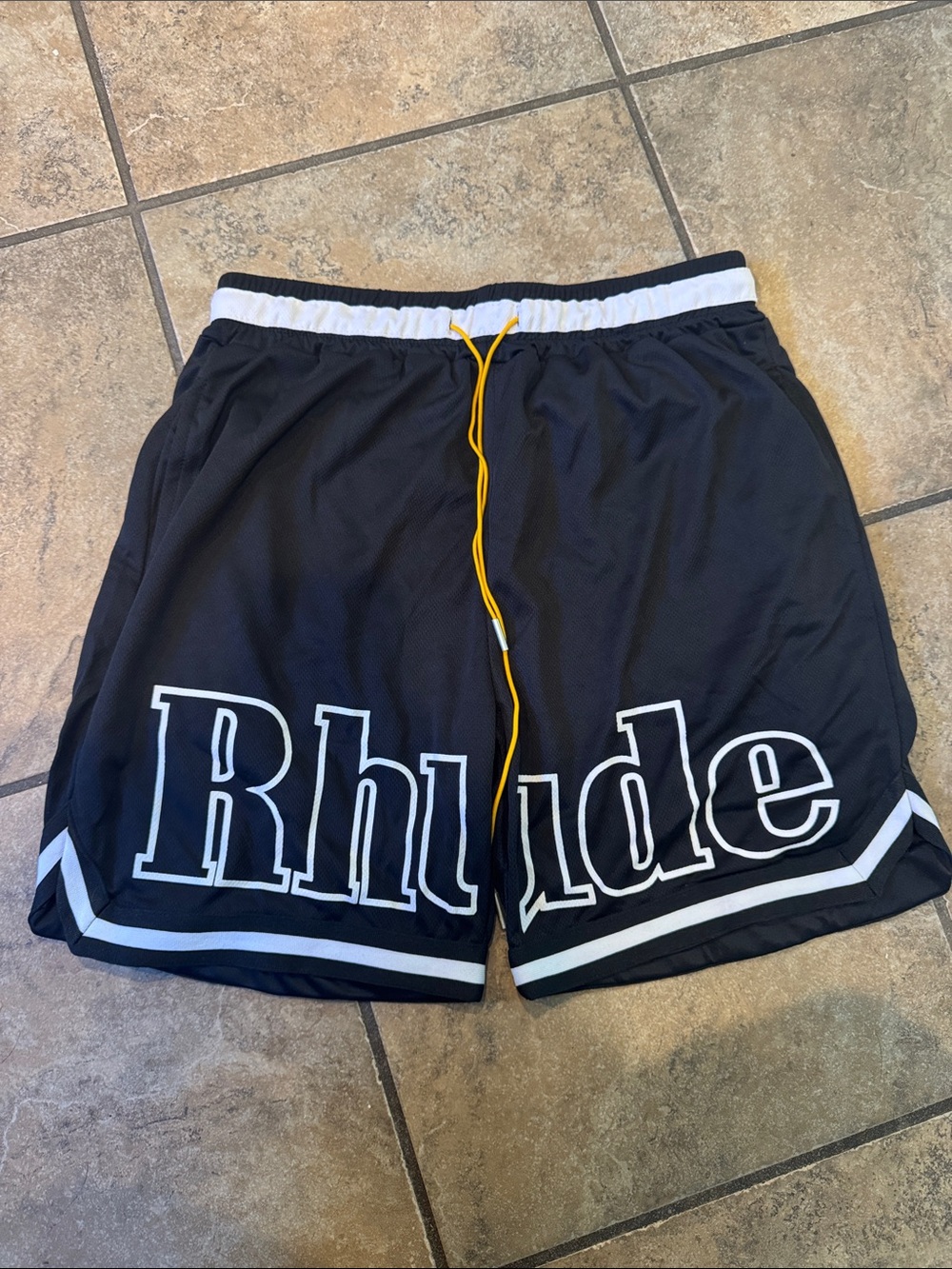 Rhude Black and White Athletic Shorts with Yellow Drawstring